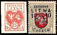 Znaczki pocztowe Litwy Środkowej odwołujące się treścią do dawnej Rzeczypospolitej Obojga Narodów.
